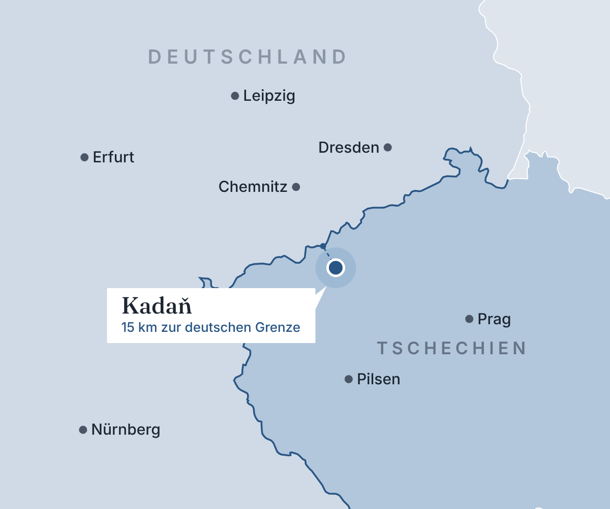 Karte: OWA Heimarbeit in Kadaň, Tschechien – 15 km hinter der deutschen Grenze, nahe Chemnitz, Dresden und Leipzig